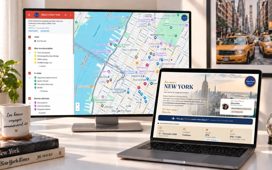 Carte interactive de New York et carnet de voyage personnalisé affichés sur deux écrans