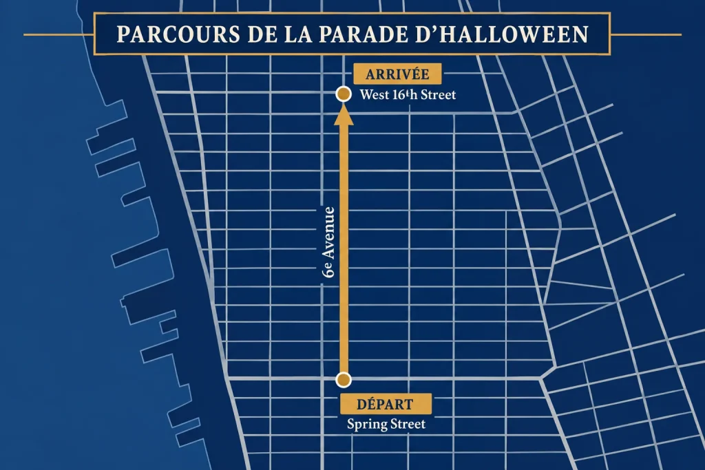 Carte du parcours de la parade d’Halloween de New York sur la 6e Avenue