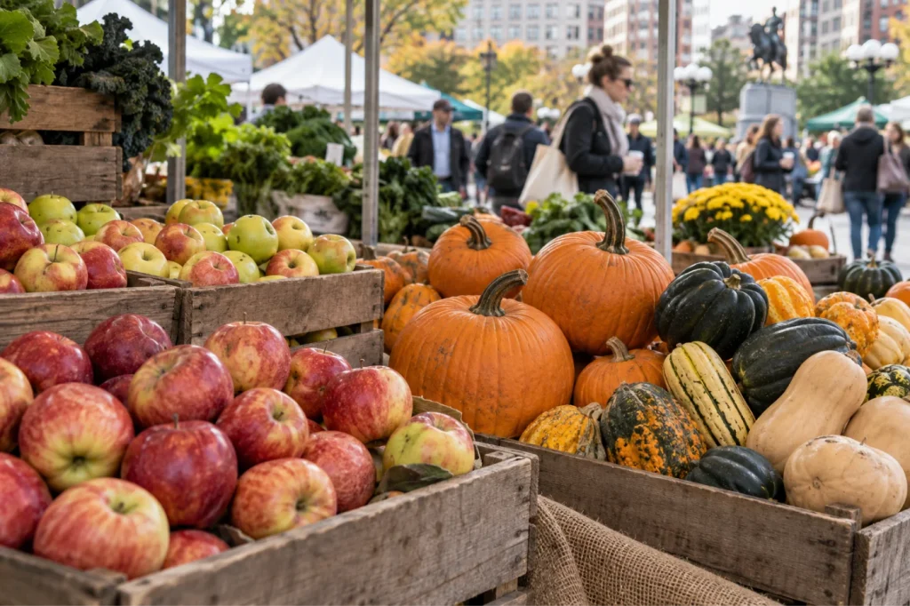 Pommes, citrouilles et courges au marché d’Union Square à New York
